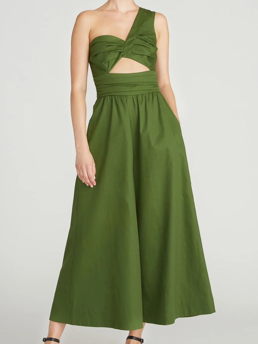 AMUR Paris One Shoulder Cutout Jumpsuit Olive Green Cropped Size 4 NWOT